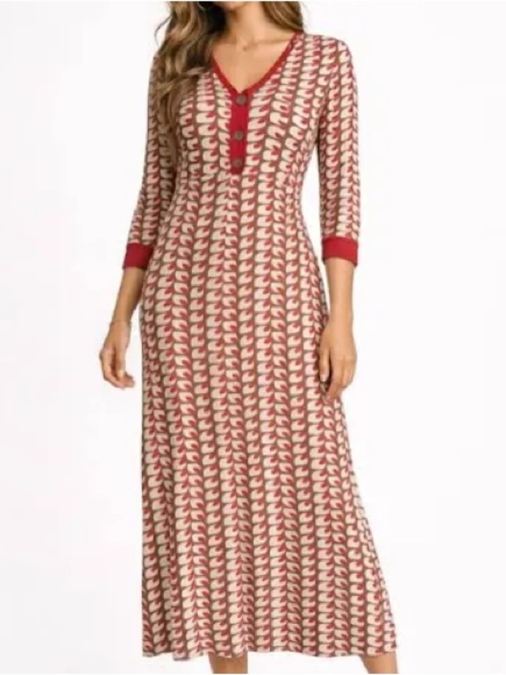 Boden Red and Cream Printed Button-Front Dress